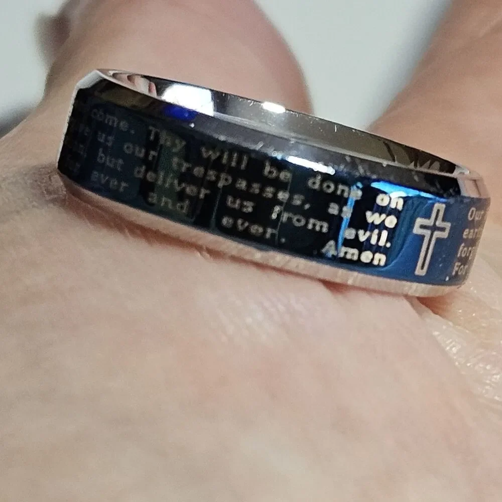 Stainless Steel Two Toned Blue IP & Silver Lord's Prayer Ring Size 7